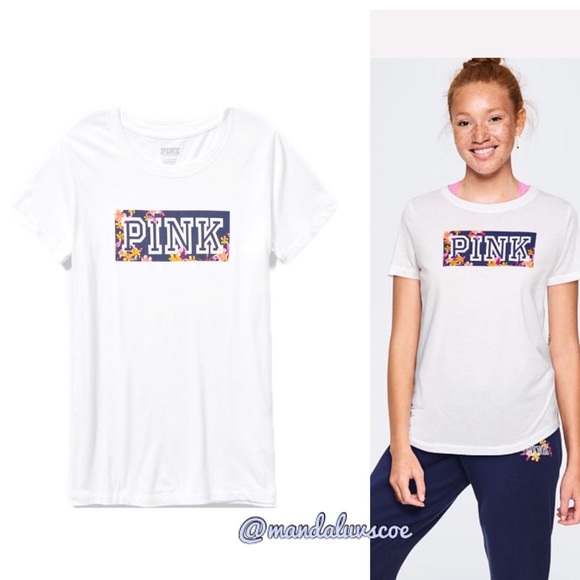 ๐VS PINK WHITE & FLORAL LOGO RAGLAN CREW TEE - Picture 3 of 5